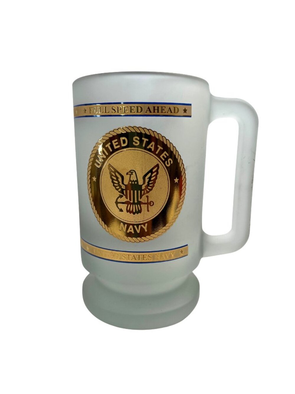 United States Navy Frosted Glass Beer Stein - Gold Eagle Medallion - "Full Speed